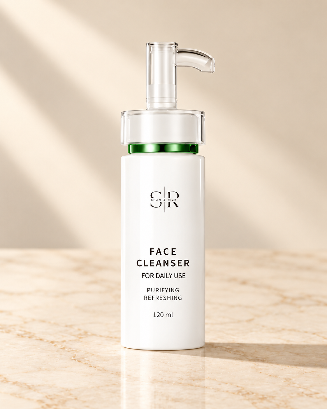 SR LUXE cleanser on warm ivory marble