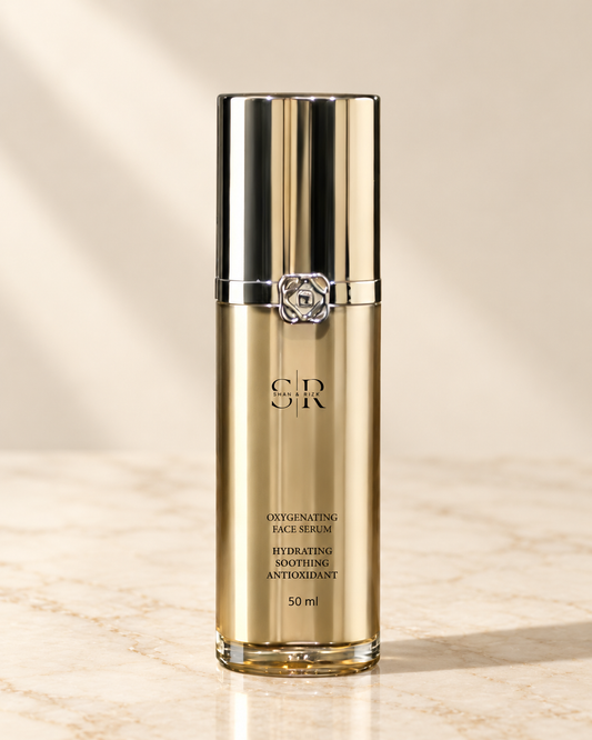 SR LUXE serum on warm ivory marble