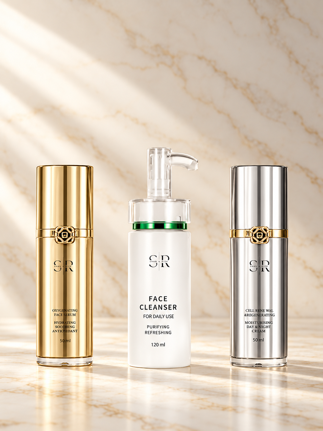 SR LUXE cleanser, serum and cream on ivory marble