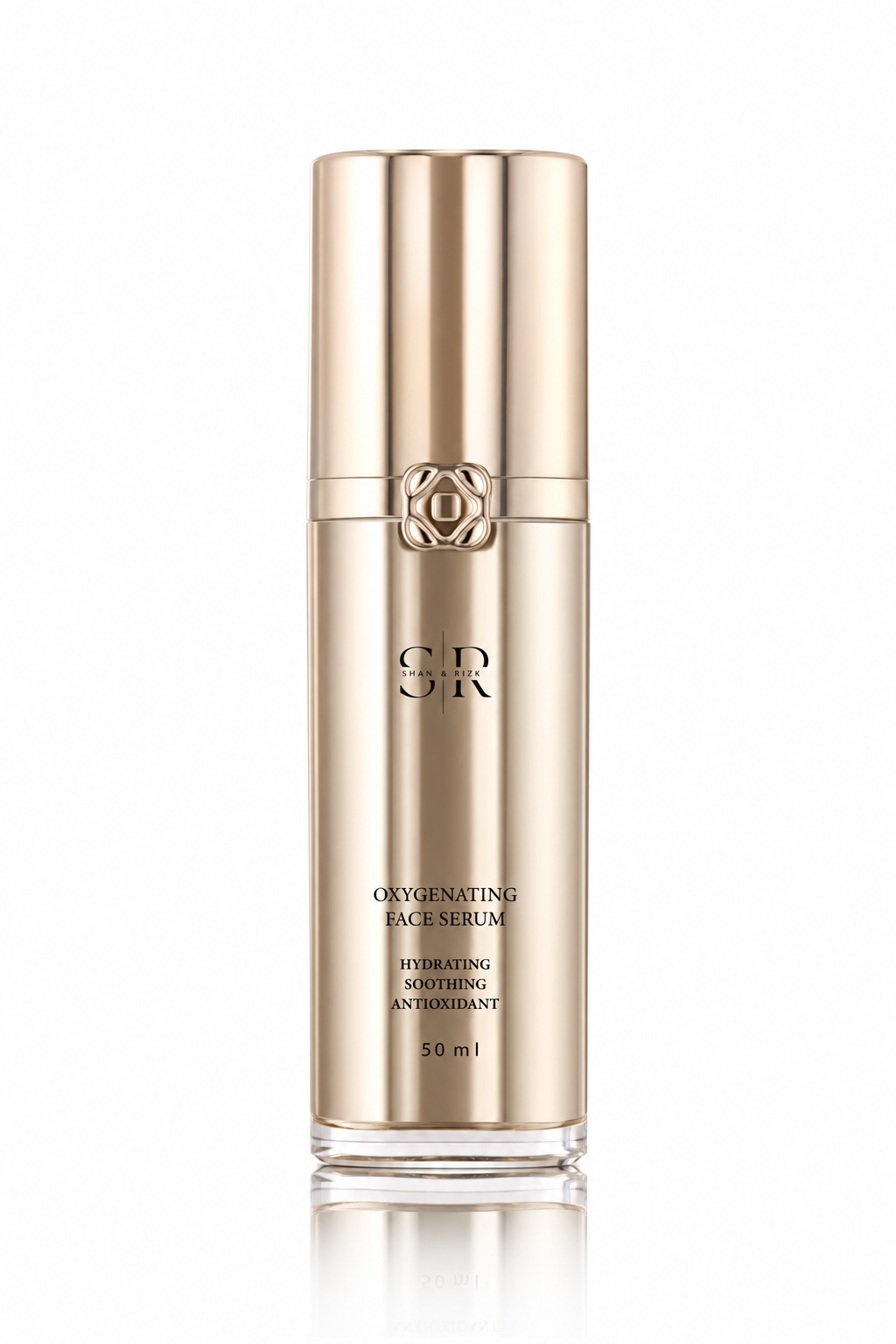 SR LUXE serum on white with softened gold reflections